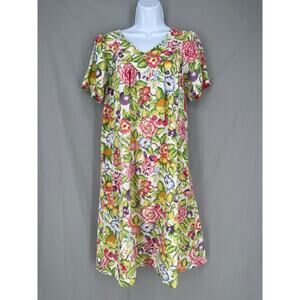 Vintage Dress Women Medium Fruit Print Floral Midi Cotton Summer Strawberry Rose